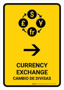 Currency Exchange With Right Arrow Yellow Bilingual Spanish Portrait - Wall Sign