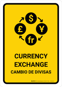 Currency Exchange Yellow Bilingual Spanish Portrait - Wall Sign
