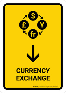 Currency Exchange With Down Arrow Yellow Portrait - Wall Sign