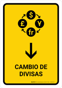 Currency Exchange With Down Arrow Yellow Spanish Portrait - Wall Sign