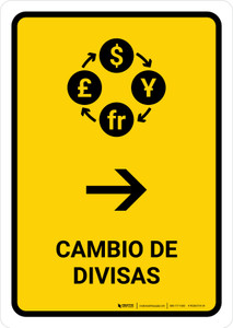 Currency Exchange With Right Arrow Yellow Spanish Portrait - Wall Sign