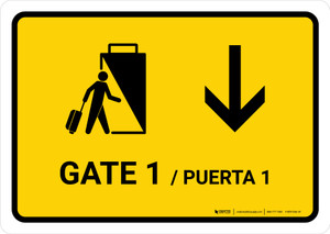 Gate 1 With Down Arrow Yellow Bilingual Spanish Landscape - Wall Sign