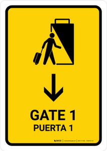 Gate 1 With Down Arrow Yellow Bilingual Spanish Portrait - Wall Sign