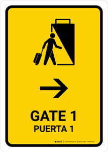 Gate 1 With Right Arrow Yellow Bilingual Portrait - Wall Sign