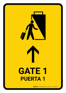 Gate 1 With Up Arrow Yellow Bilingual Spanish Portrait - Wall Sign