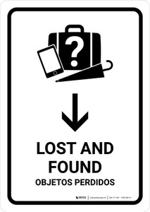 Lost And Found With Down Arrow White Bilingual Spanish Portrait - Wall Sign