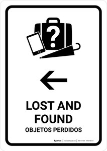 Lost And Found With Left Arrow White Bilingual Spanish Portrait - Wall Sign