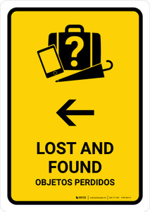Lost And Found With Left Arrow Yellow Bilingual Spanish Portrait - Wall Sign