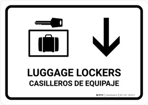 Luggage Lockers With Down Arrow White Bilingual Spanish Landscape - Wall Sign