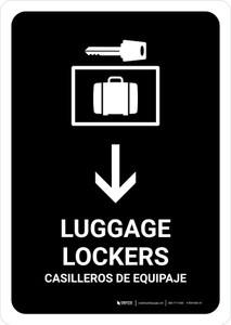 Luggage Lockers With Down Arrow Black Bilingual Spanish Portrait - Wall Sign