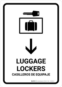 Luggage Lockers With Down Arrow White Bilingual Spanish Portrait - Wall Sign