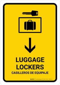 Luggage Lockers With Down Arrow Yellow Bilingual Spanish Portrait - Wall Sign