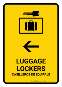 Luggage Lockers With Left Arrow Yellow Bilingual Spanish Portrait - Wall Sign