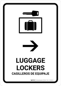 Luggage Lockers With Right Arrow White Bilingual Spanish Portrait - Wall Sign