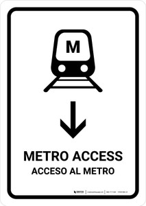 Metro Access With Down Arrow White Bilingual Spanish Portrait - Wall Sign