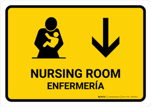 Nursing Room With Down Arrow Yellow Bilingual Spanish Landscape - Wall Sign