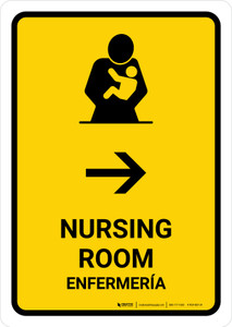 Nursing Room With Right Arrow Yellow Bilingual Spanish Portrait - Wall Sign