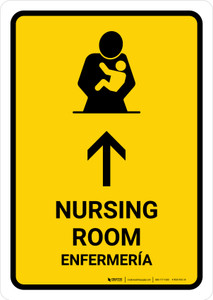 Nursing Room With Up Arrow Yellow Bilingual Spanish Portrait - Wall Sign