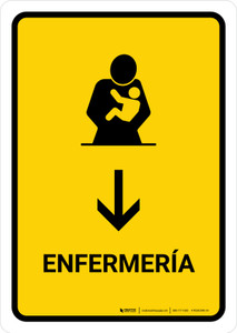 Nursing Room With Down Arrow Yellow Spanish Portrait - Wall Sign