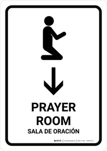 Prayer Room With Down Arrow White Bilingual Spanish Portrait - Wall Sign