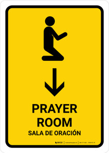 Prayer Room With Down Arrow Yellow Bilingual Spanish Portrait - Wall Sign