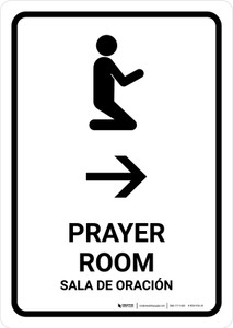 Prayer Room With Right Arrow White Bilingual Spanish Portrait - Wall Sign