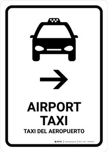 Airport Taxi With Right Arrow White Bilingual Spanish Portrait - Wall Sign