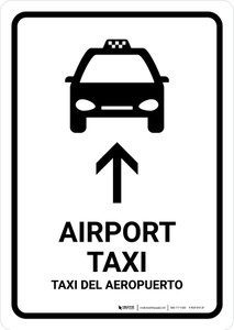 Airport Taxi With Up Arrow White Bilingual Spanish Portrait - Wall Sign