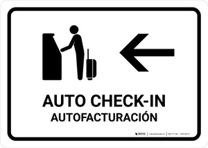 Auto Check In With Left Arrow White Bilingual Spanish Landscape - Wall Sign
