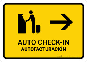 Auto Check In With Right Arrow Yellow Bilingual Spanish Landscape - Wall Sign