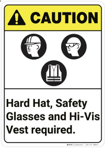 Caution: Hard Hat Vest Safety Glasses Required ANSI - Wall Sign