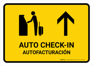 Auto Check In With Up Arrow Yellow Bilingual Spanish Landscape - Wall Sign