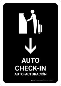 Auto Check In With Down Arrow Black Bilingual Spanish Portrait - Wall Sign