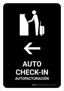 Auto Check In With Left Arrow Black Bilingual Spanish Portrait - Wall Sign