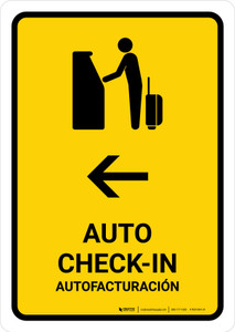 Auto Check In With Left Arrow Yellow Bilingual Spanish Portrait - Wall Sign