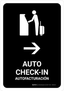Auto Check In With Right Arrow Black Bilingual Spanish Portrait - Wall Sign