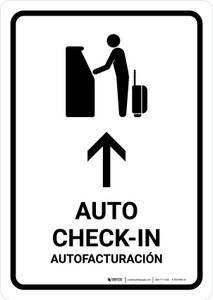 Auto Check In With Up Arrow White Bilingual Spanish Portrait - Wall Sign