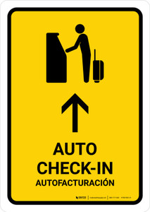 Auto Check In With Up Arrow Yellow Bilingual Spanish Portrait - Wall Sign