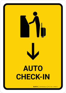 Auto Check In With Down Arrow Yellow Portrait - Wall Sign