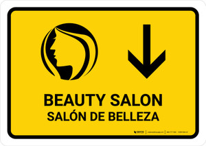 Beauty Salon With Down Arrow Yellow Bilingual Spanish Landscape - Wall Sign