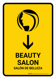 Beauty Salon With Down Arrow Yellow Bilingual Spanish Portrait - Wall Sign