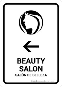 Beauty Salon With Left Arrow White Bilingual Spanish Portrait - Wall Sign