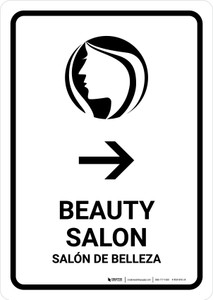 Beauty Salon With Right Arrow White Bilingual Spanish Portrait - Wall Sign