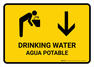 Drinking Water With Down Arrow Yellow Bilingual Spanish Landscape - Wall Sign