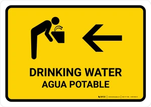 Drinking Water With Left Arrow Yellow Bilingual Spanish Landscape - Wall Sign