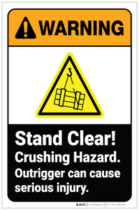Warning: Stand Clear! Crushing Hazard - Outrigger Can Cause Injury with Icon Hazard Portrait - Label