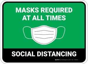 Social Distancing Masks Required At All Times Green Rectangle - Floor Sign