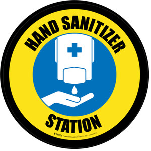 Hand Sanitizer Station Circular Yellow with Blue Icon - Floor Sign