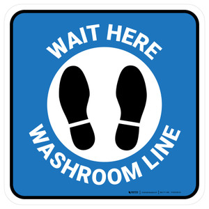 Wait Here: Washroom Line Blue Square - Floor Sign