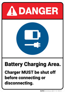 Danger: Battery Charging Shut Off Before Disconnecting ANSI - Wall Sign